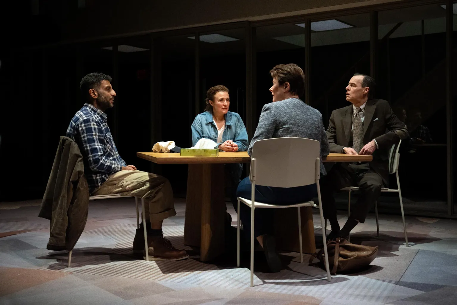 Review of Adeel Akhtar, Lyndsey Marshal, Monica Dolan and Paul Hilton in Mass, photo by Richard Hubert Smith, at Donmar Warehouse, London, 2026